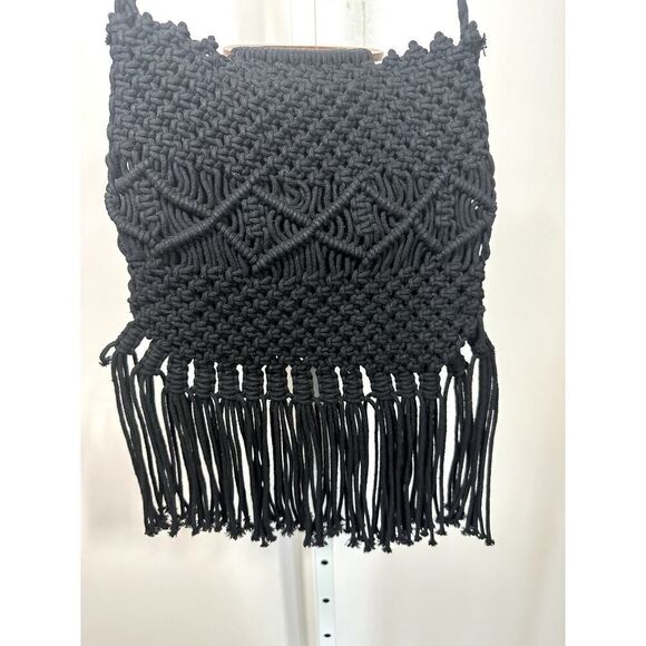 DANIELLE NICOLE Women's Hippie Bohemian Macrame Fringe Crossbody Bag Black - Picture 5 of 11